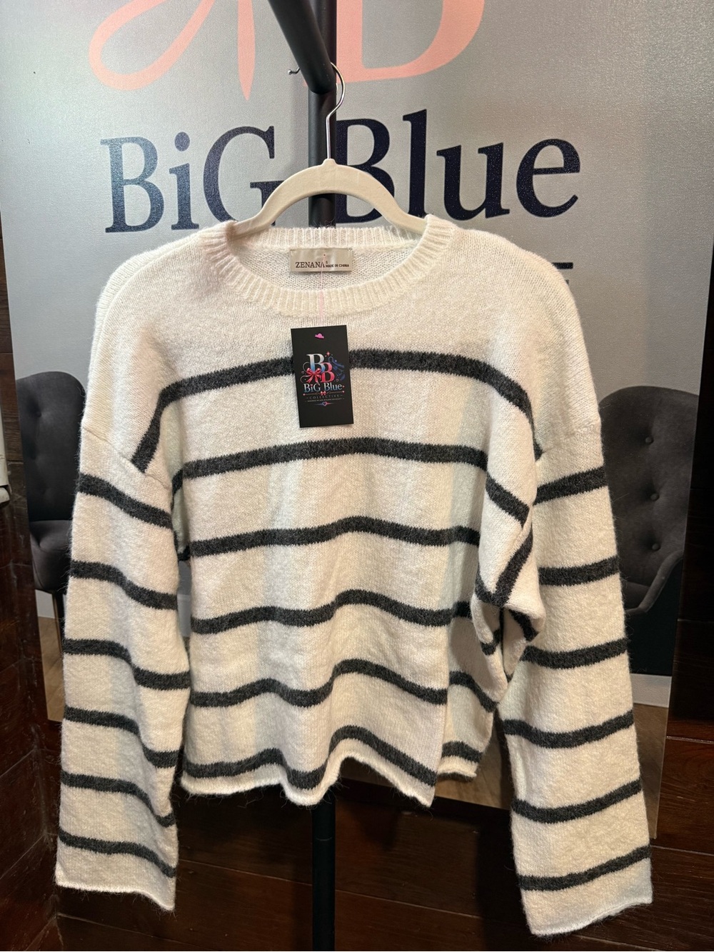Zenana Outfitters Cream and Black Striped Crewneck Sweater